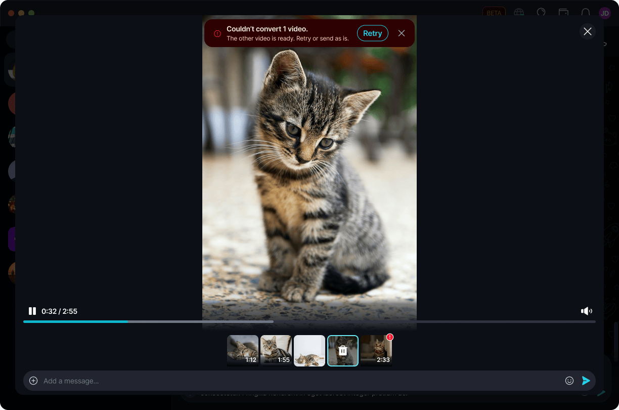 Convert Incompatible Videos ποΈ Β· Desktop Couldn't convert 1 video - the other video is ready, with a Retry option.