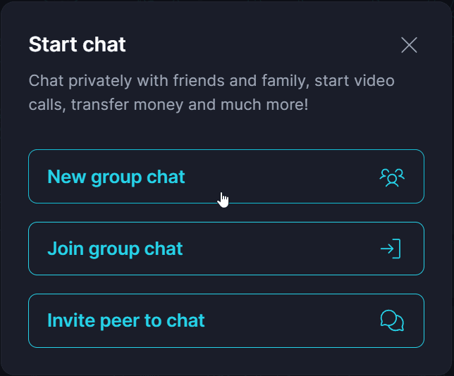 Personal Group π Β· In the pop-up, select 'New group chat' Keet app screenshot: In the pop-up, select 'New group chat'.