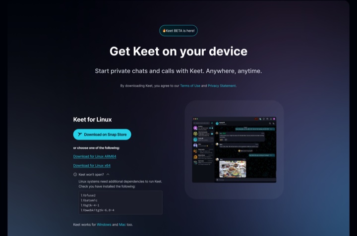 Invite Links · Linux The Linux download options on keet.io, including the Snap Store, ARM64/x64 builds, and required dependencies.