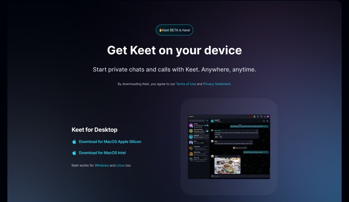 Invite Links · MacOS The keet.io download page showing macOS Apple Silicon and Intel download links.