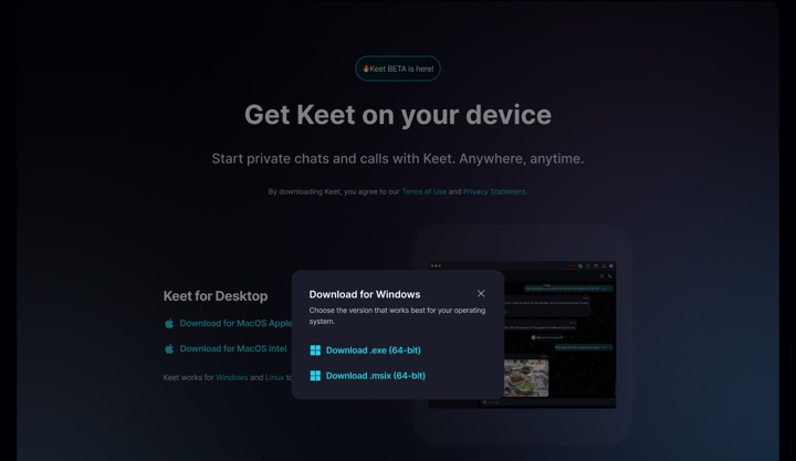 Invite Links · Windows The Windows download options on keet.io, offering .exe and .msix installers.