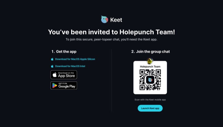 Invite Links · Desktop The Keet join page in a desktop browser, showing who invited you, the app download links, and a QR code to join from a phone.
