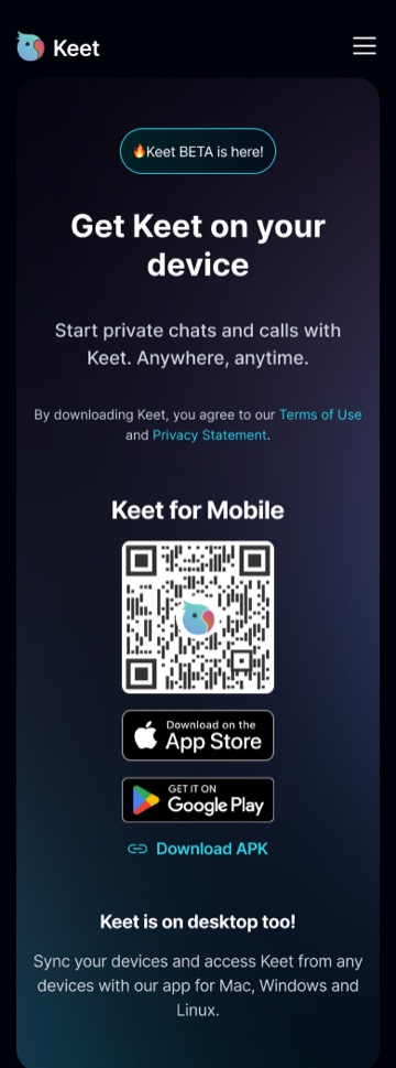 Invite Links · Mobile download page The keet.io download page on mobile, with a QR code, App Store, Google Play, and APK download links.