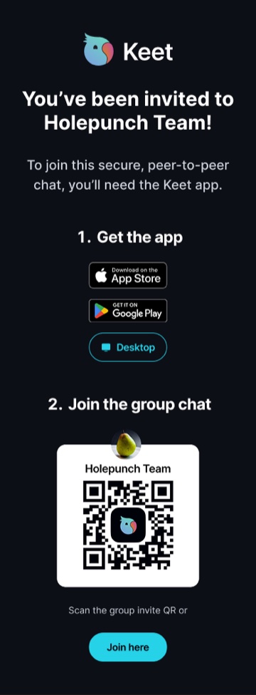 Invite Links · Mobile The Keet join page on mobile, with App Store, Google Play and Desktop links, a QR code, and a 'Join here' button.