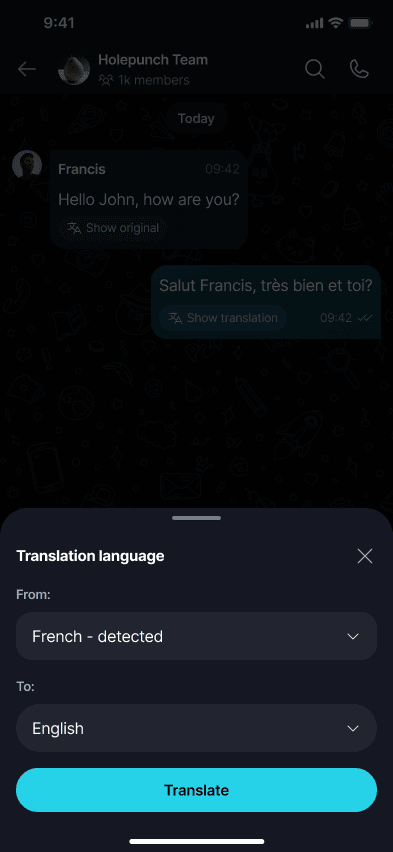 Translate Messages π Β· Mobile Keet detects the source language and lets you choose the target language.